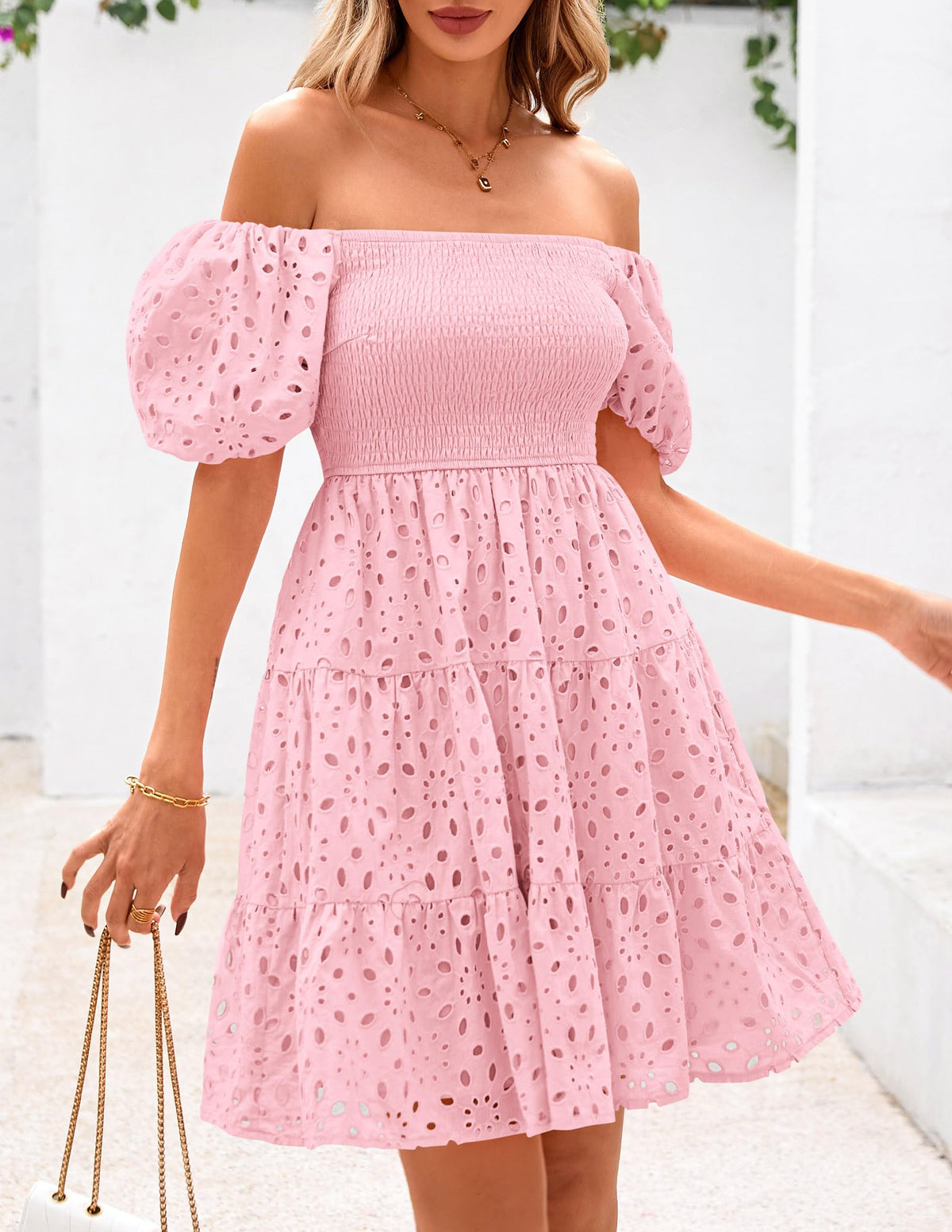 Womens Summer Puff Sleeve Mini Dress Off Shoulder Eyelet Smocked A Line Casual Babydoll Short Dresses