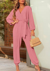 PRETTYGARDEN Women's Fall Jumpsuits Dressy Casual Pants Romper Spring Long Sleeve V Neck Belt Pockets One Piece Outfits