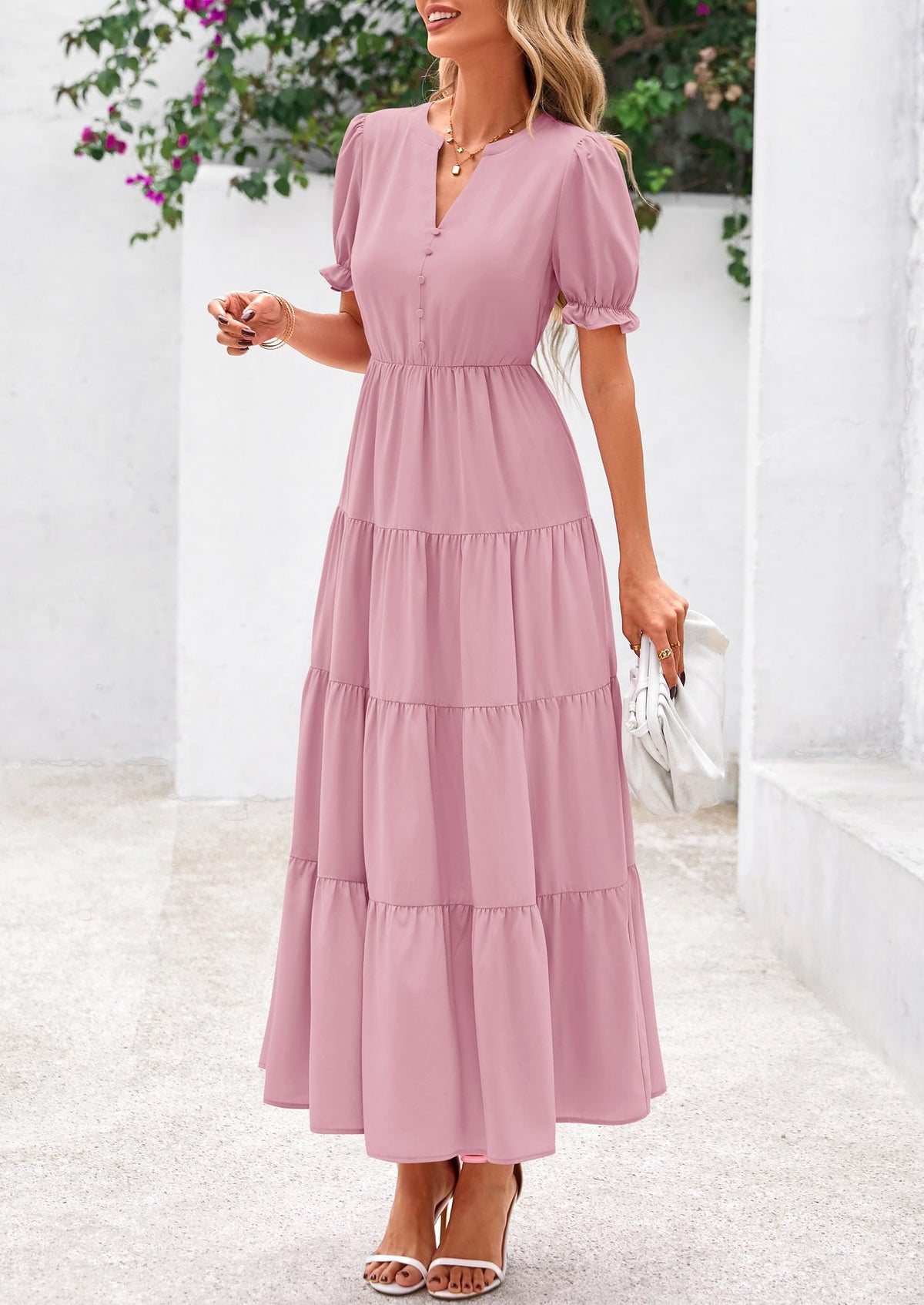 Women's Casual Summer Maxi Dress 2025 Spring Short Sleeve V Neck Tiered Flowy Beach Vacation Dress with Pockets