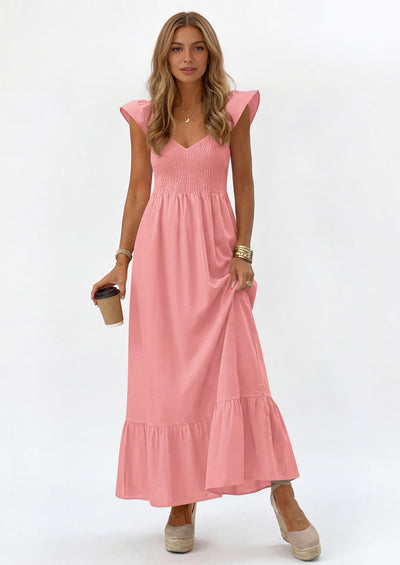 PRETTYGARDEN Women's Summer Casual Maxi Dresses Cap Sleeve V Neck Smocked Long Pockets Party Sundress Vacation Outfits PRETTYGARDEN