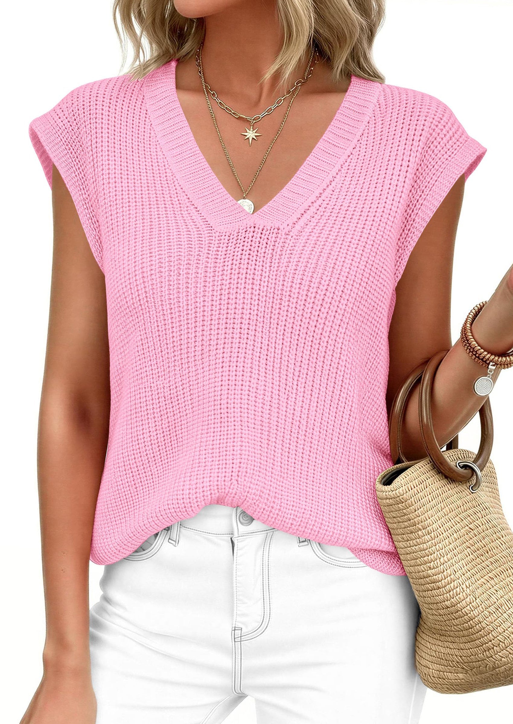 PRETTYGARDEN Women's Lightweight Sweaters Vest Spring Trendy Cap Sleeve V Neck Knit Tank Tops Summer Going Out Outfits PRETTYGARDEN