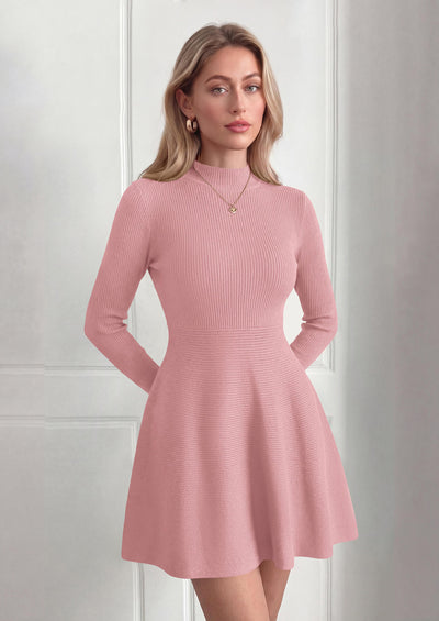 PRETTYGARDEN Womens Mock Neck Long Sleeve Sweater Mini Dress | Soft Ribbed Knit Flared A‑Line, Elegant Fall Winter Dresses for Wedding Guest, Cocktail & Holiday Party Casual Outfits