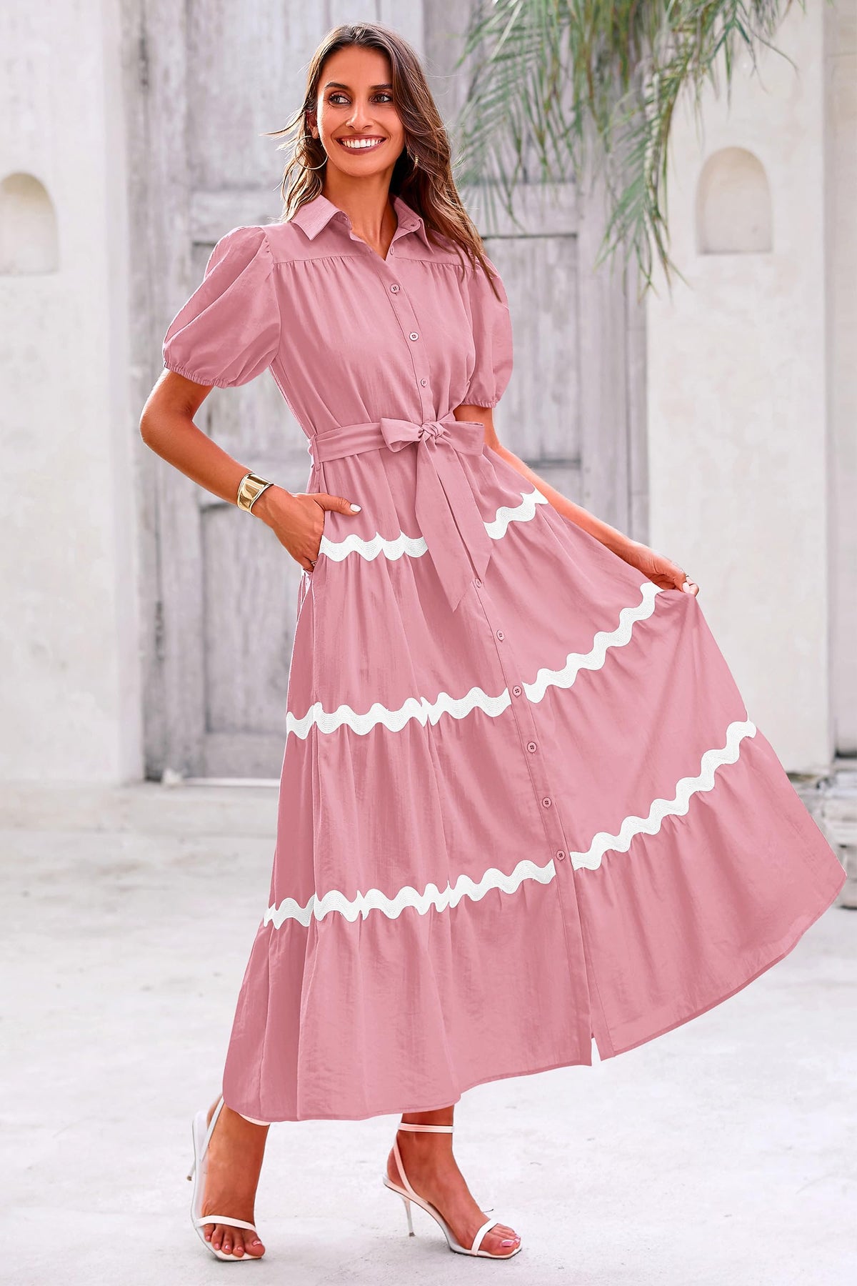 Summer Maxi Button Down Puff Short Sleeve Ruffle Long Flowy Shirt Dresses With Belt