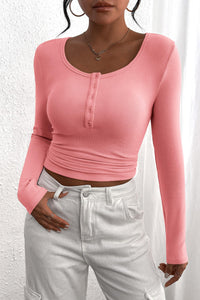 Long Sleeve Henley Button Down Ribbed Knit Slim Fit Blouse