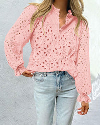 Women's Dressy Casual Blouse Tops Puff Long Sleeve Button V Neck Hollow Out Lace Embroidered Pullover Shirts