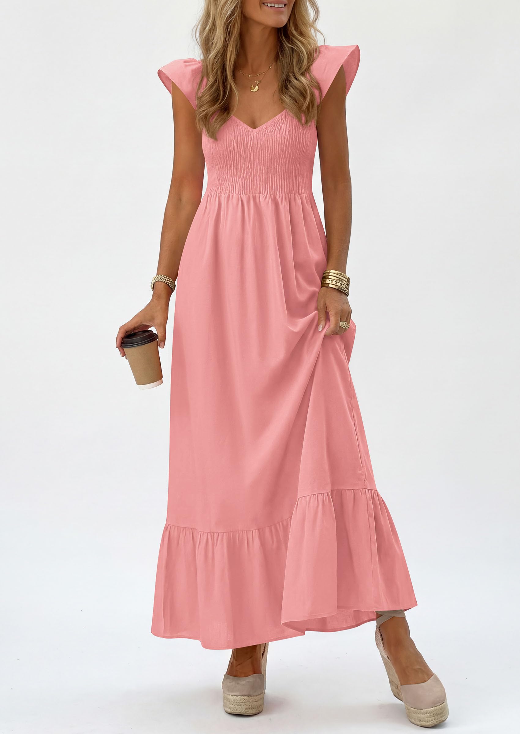 PRETTYGARDEN Women's Summer Casual Maxi Dresses Cap Sleeve V Neck Smocked Long Pockets Party Sundress Vacation Outfits PRETTYGARDEN