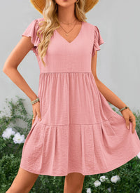 Summer Casual Cap Sleeve V Neck Tiered Ruffle Swing A Line Dresses