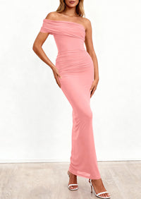 PRETTYGARDEN Women's Wedding Guest Cocktail Dresses One Off The Shoulder Ruched Bodycon Formal Maxi Party Summer Outfits PRETTYGARDEN