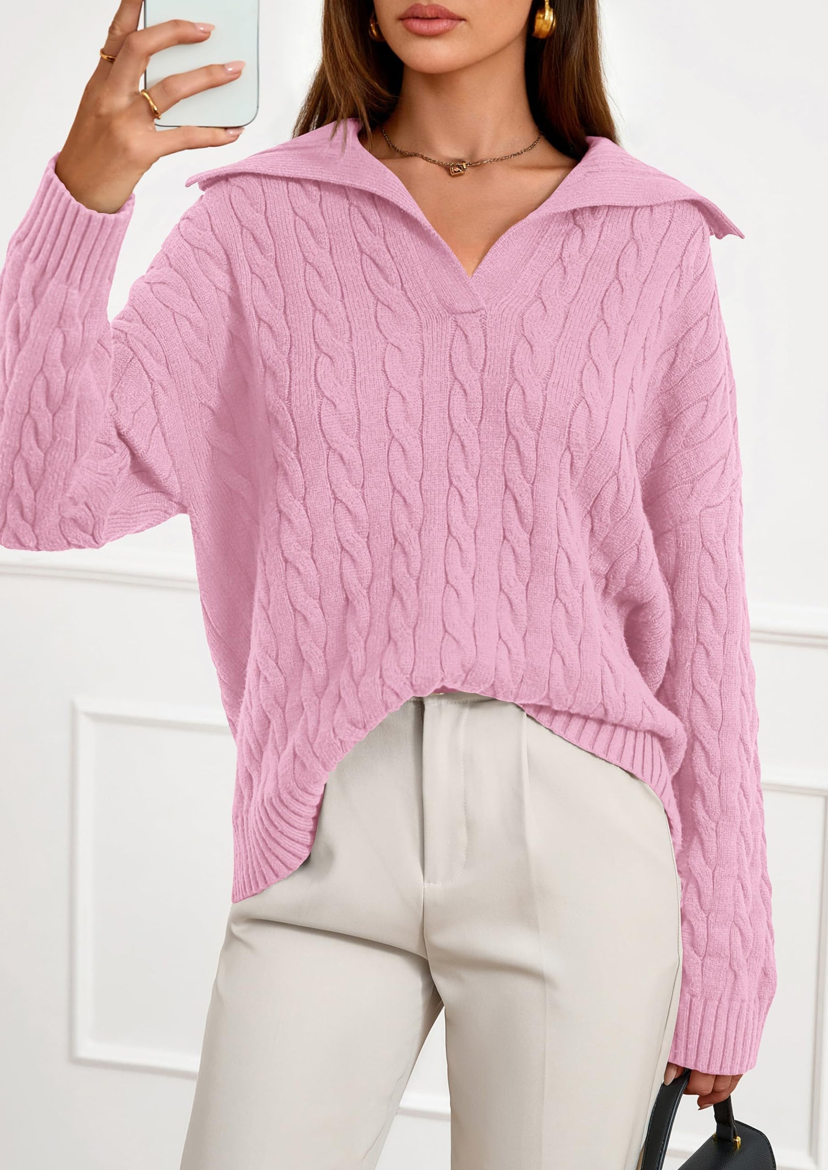 PRETTYGARDEN Fall Cable Knit Oversized Sweaters for Women Polo V Neck Long Sleeve Casual Chunky Sweater Pullover Tops PRETTYGARDEN