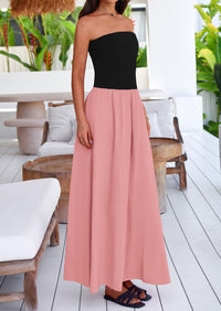 Women's 2025 Summer Strapless Maxi Dresses Patchwork Long Flowy Elegant Going Out Tube Top Dress with Pockets