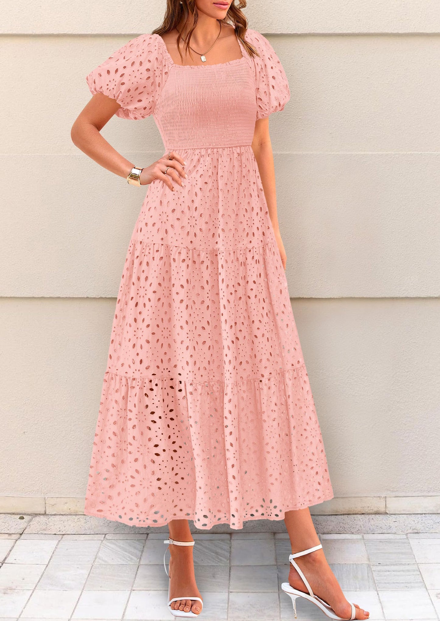 Summer Dresses for Women 2025 Eyelet Square Neck Puff Sleeve Smocked Wedding Guest Maxi Dress with Pockets