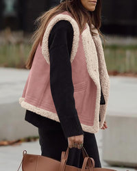 Women's Winter Faux Suede Sleeveless Button Down Fleece Sherpa Lined Fashion Casual Coat