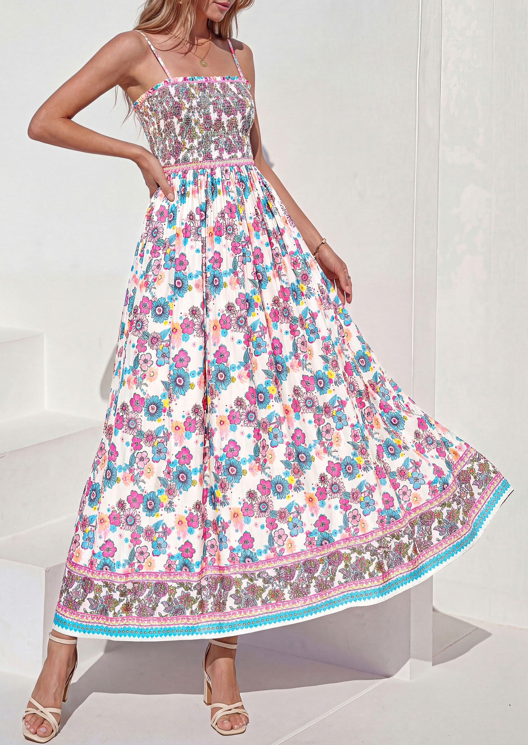 PRETTYGARDEN Womens Floral Maxi Dress Boho Casual Summer Spaghetti Strap Smocked Sleeveless Flowy Beach Vacation Dresses