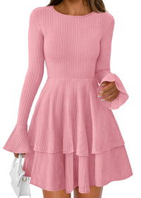 PRETTYGARDEN Womens Spring Fashion Long Bell Sleeve Mini Sweater Dress Casual Crewneck A Line Knit Short Cocktail Dresses - PRETTYGARDEN