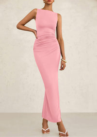 Women's 2025 Summer Semi Formal Maxi Dresses Sleeveless Ruched Bodycon Slit Long Elegant Cocktail Party Dress