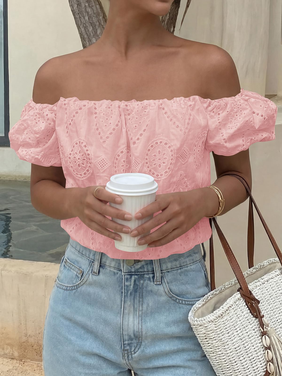 PRETTYGARDEN Women's Summer Off The Shoulder Tops Dressy Casual Puff Short Sleeve Embroidered Eyelet Cute Blouse Shirts PRETTYGARDEN