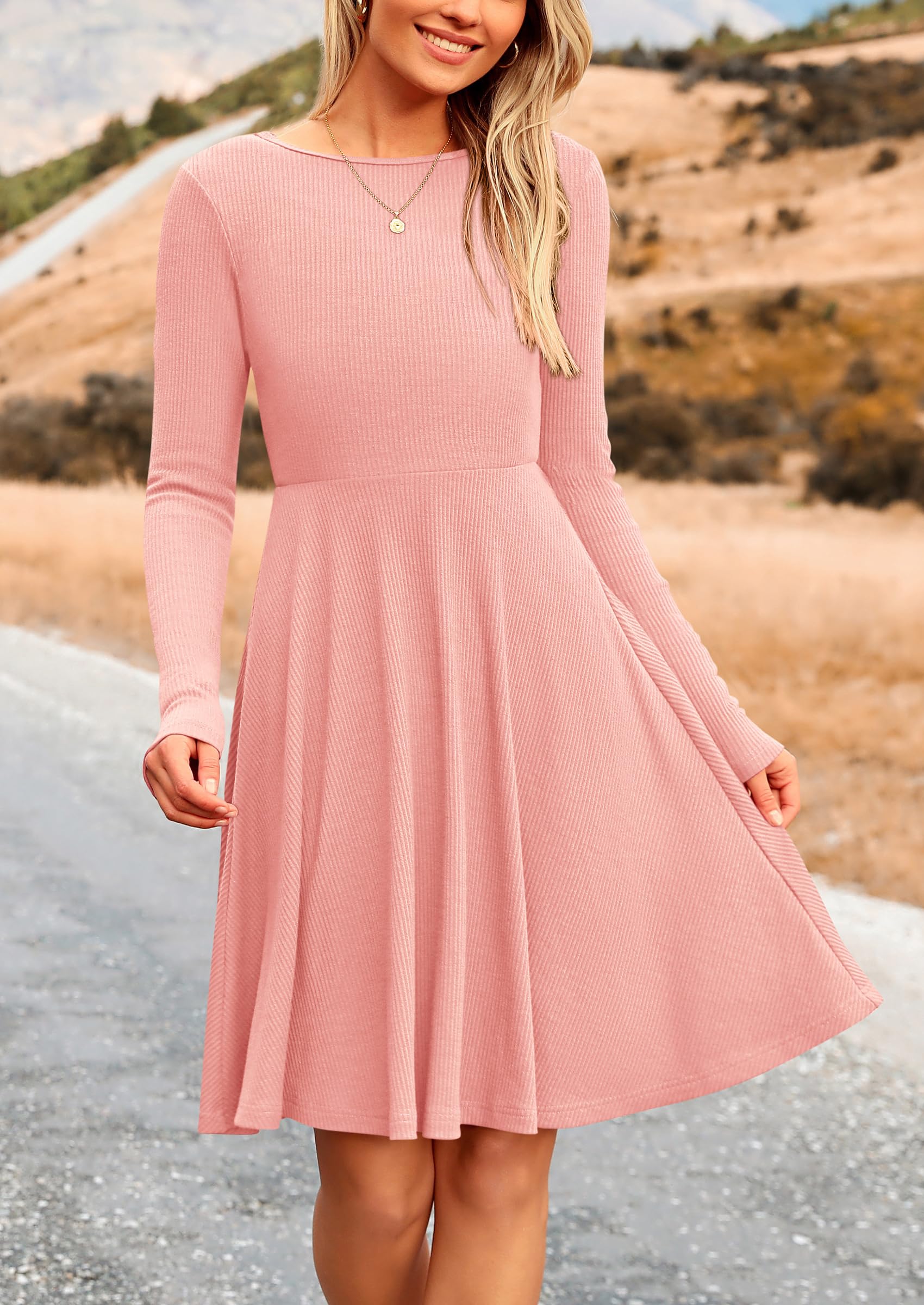 PRETTYGARDEN Women's Spring Fall Short Dress Ribbed Knit Crewneck Long Sleeve A Line Flowy Casual Elegant Going Out Dresses