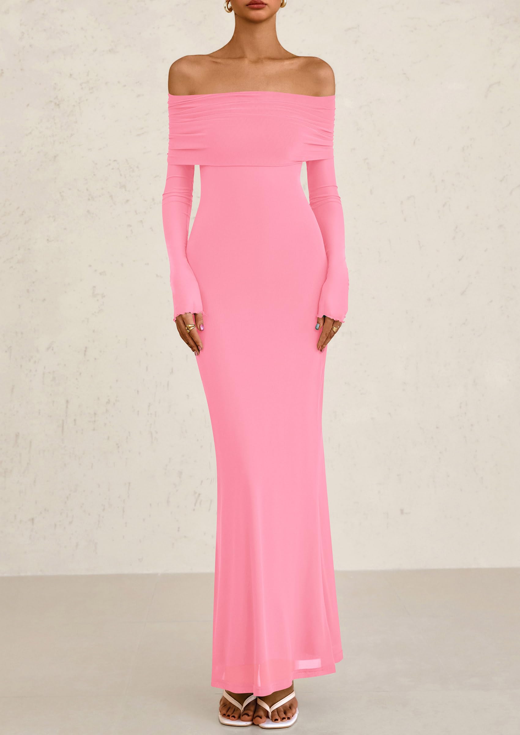 PRETTYGARDEN Off The Shoulder Dresses for Women Mesh Long Sleeve Baby Shower Formal Wedding Guest Dress