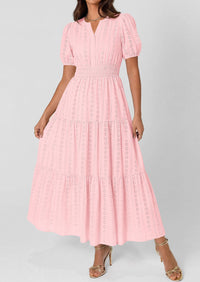 PRETTYGARDEN Womens Summer Maxi Dresses Casual Puff Sleeve V Neck Smocked Flowy Eyelet Cotton Dress Spring Sundress PRETTYGARDEN