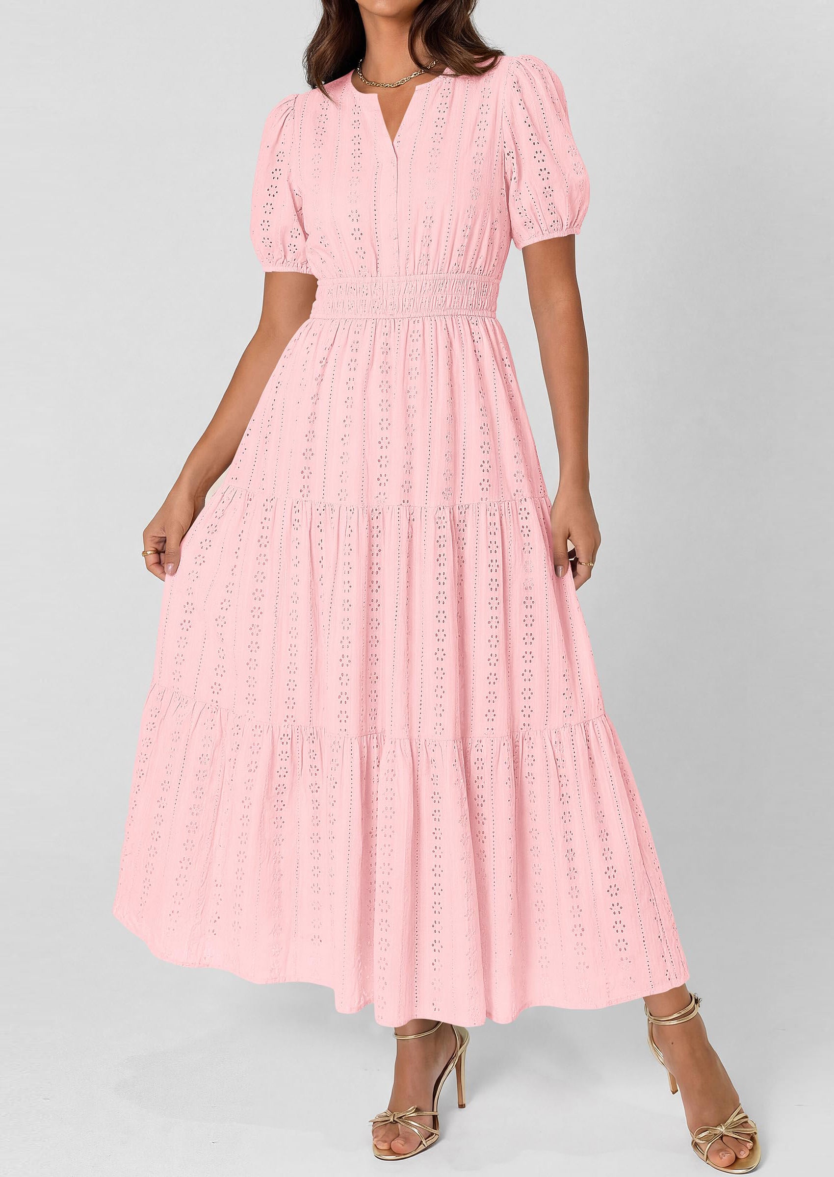 PRETTYGARDEN Womens Summer Maxi Dresses Casual Puff Sleeve V Neck Smocked Flowy Eyelet Cotton Dress Spring Sundress PRETTYGARDEN