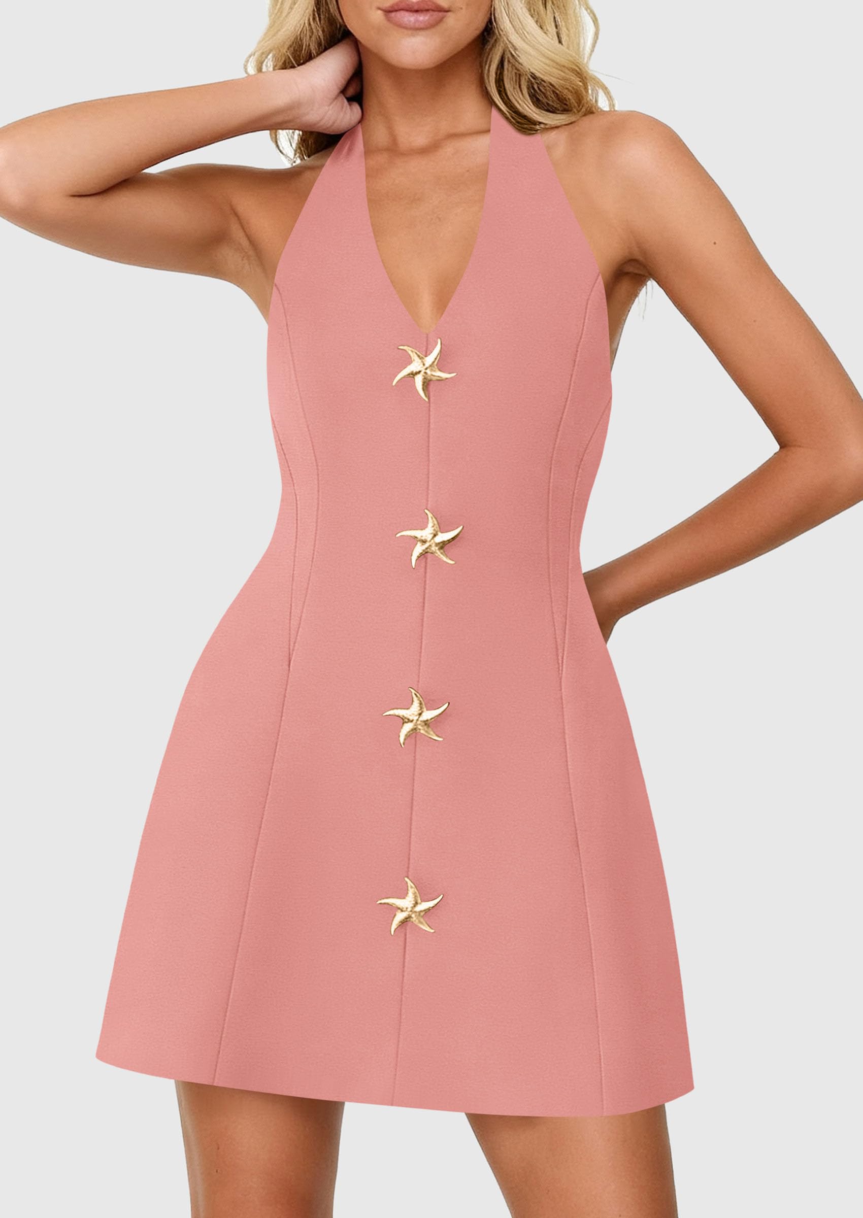 PRETTYGARDEN Cocktail Dresses for Women Short Summer Elegant Halter V Neck Sleeveless A Line Spring Mini Party Dress PRETTYGARDEN