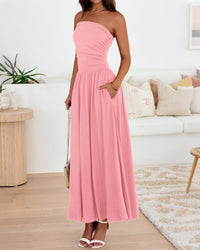 BTFBM Summer Maxi Dresses for Women Strapless Ruched Tube Top Beach Vacation Spring Wedding Guest Dress Pockets PRETTYGARDEN