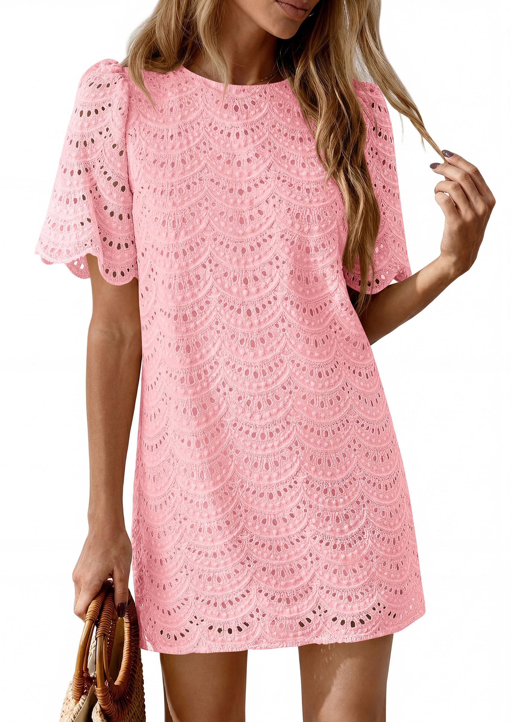 PRETTYGARDEN Women's Summer Casual Short Dresses Embroidered Lace Short Sleeve Boho Mini Dress Beach Vacation Clothes PRETTYGARDEN