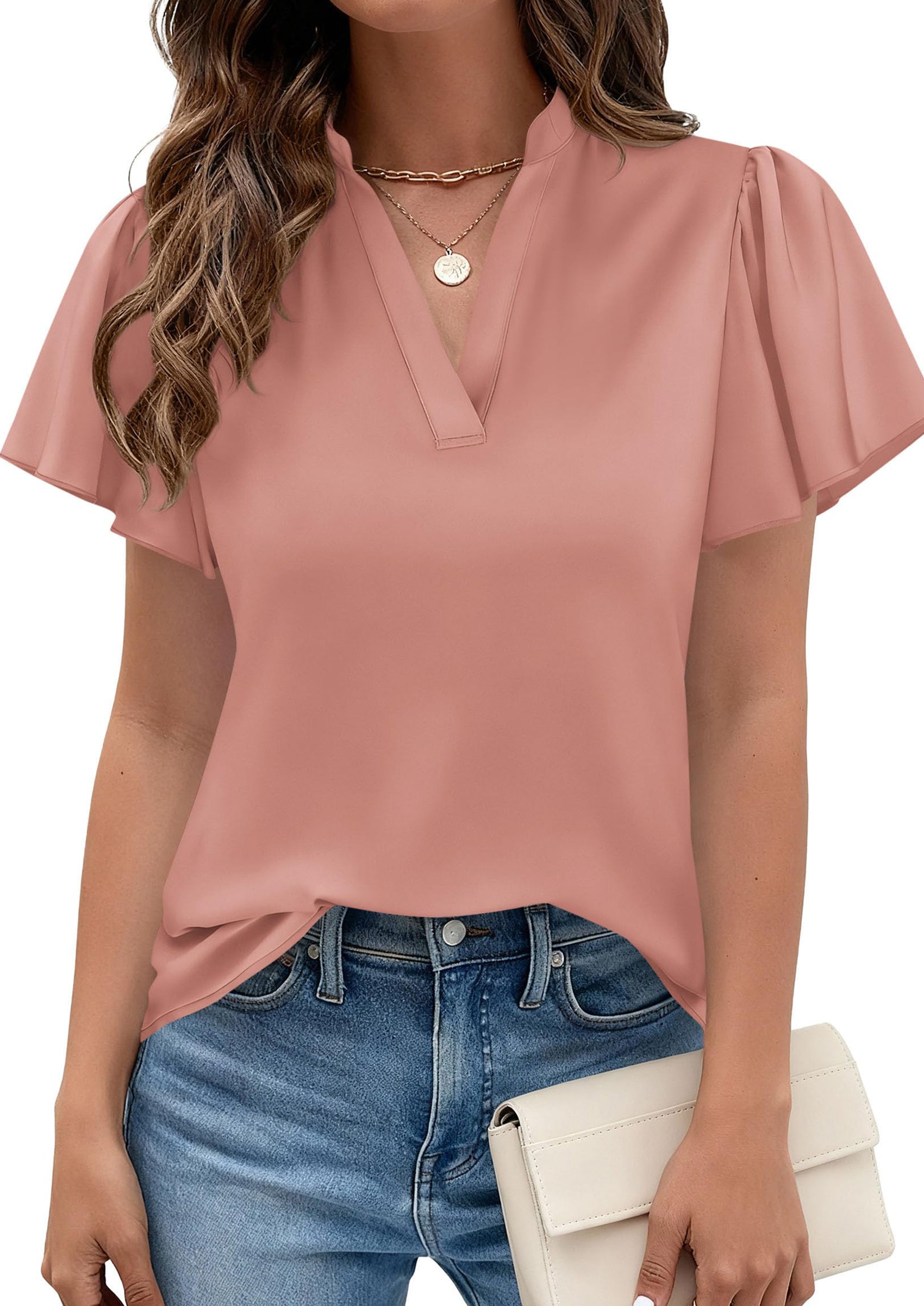 PRETTYGARDEN Women's Summer Blouses Dressy Casual Ruffle Cap Sleeve V Neck Business Work Trendy Cute Tops Spring Outfits PRETTYGARDEN