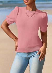 PRETTYGARDEN Womens Tops Spring Summer Puff Short Sleeve Sweater Crewneck Knit Work Blouses Dressy Casual Trendy Shirts PRETTYGARDEN