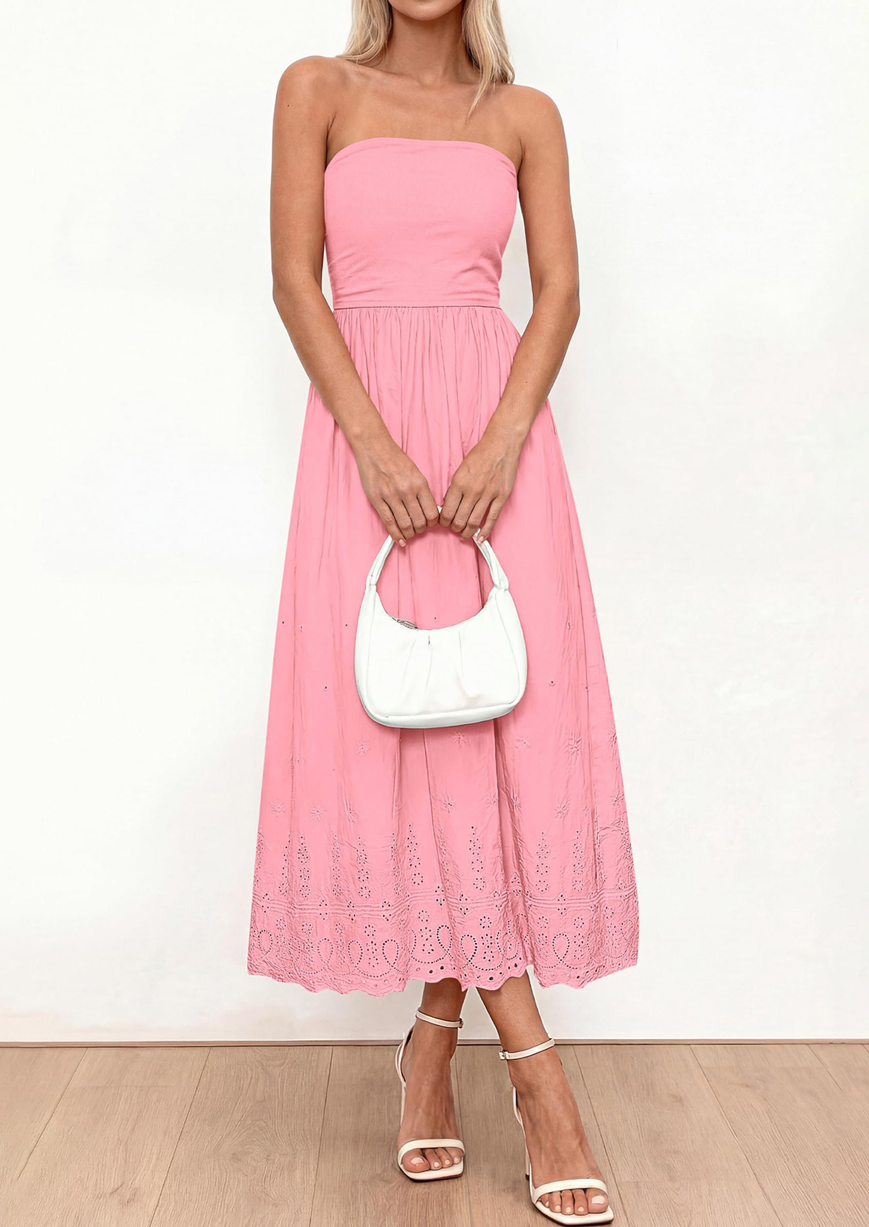 PRETTYGARDEN Womens Summer Dresses Sexy Sleeveless Tube Top Long Dress Eyelet Cotton Maxi Beach Sundress Pockets