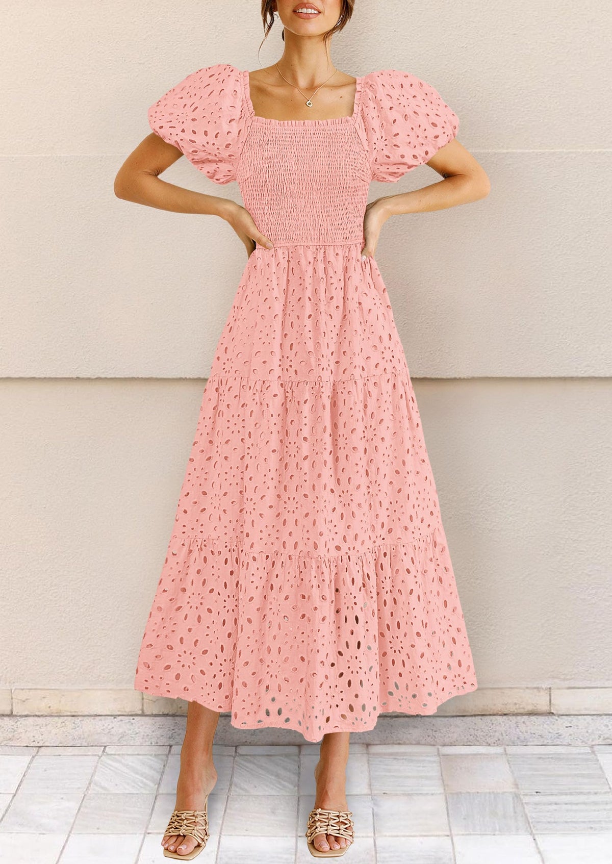 Summer Dresses for Women 2025 Eyelet Square Neck Puff Sleeve Smocked Wedding Guest Maxi Dress with Pockets