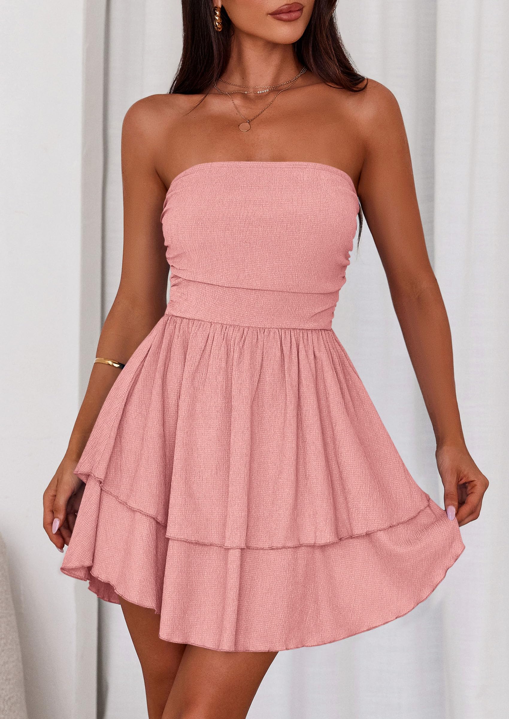 PRETTYGARDEN Women's Summer Strapless Tube Mini Dress Off Shoulder Smocked Ruffle A Line Flowy Short Party Club Dresses