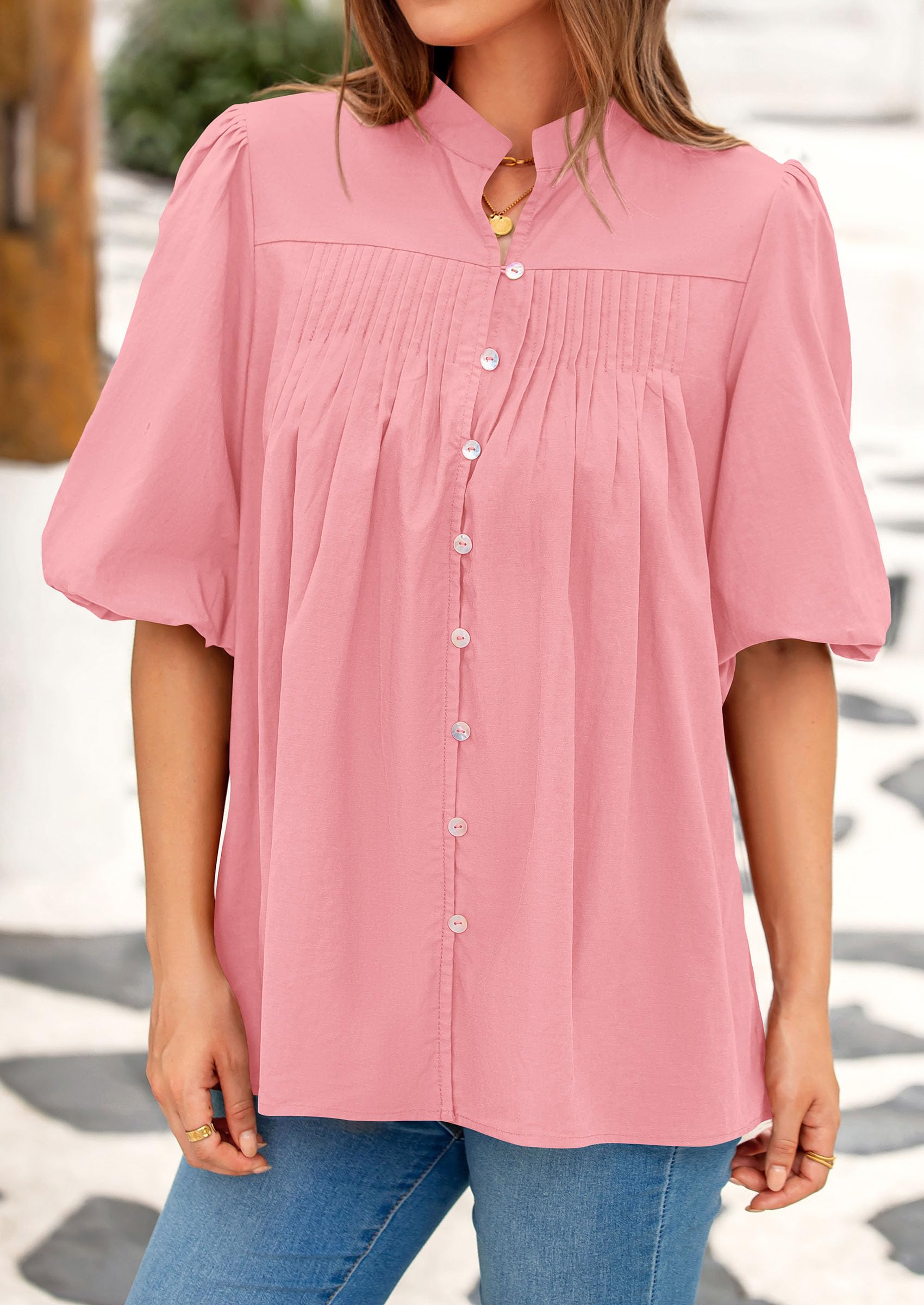 PRETTYGARDEN Women's Summer Short Lantern Sleeve Tops Loose Fit Button Down Shirt Casual Pleated V Neck Blouses