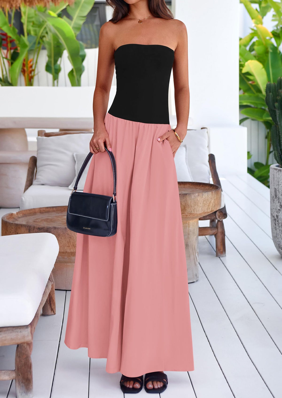 Women's 2025 Summer Strapless Maxi Dresses Patchwork Long Flowy Elegant Going Out Tube Top Dress with Pockets