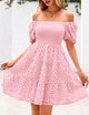 Womens Summer Puff Sleeve Mini Dress Off Shoulder Eyelet Smocked A Line Casual Babydoll Short Dresses