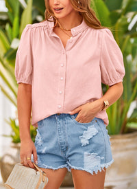 Summer Button Down Short Lantern Sleeve V Neck Cotton Tops