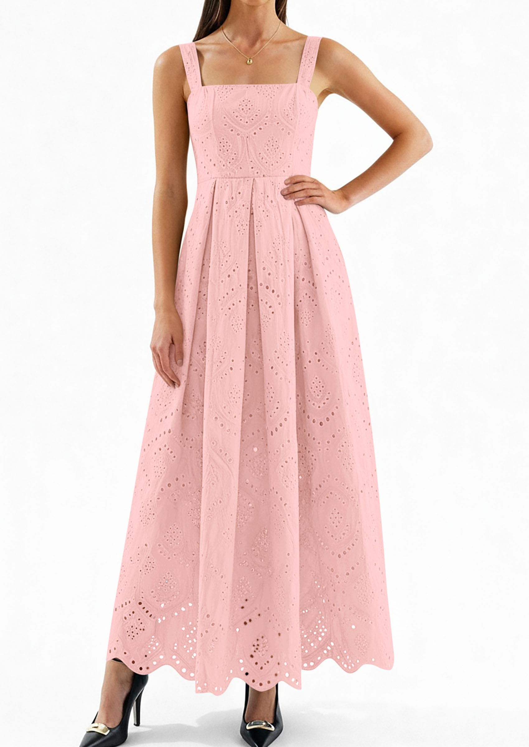 PRETTYGARDEN Womens Sleeveless Maxi Summer Dresses Hollow Out Eyelet Square Neck Ruffle Flowy Beach Vacation Sundress PRETTYGARDEN