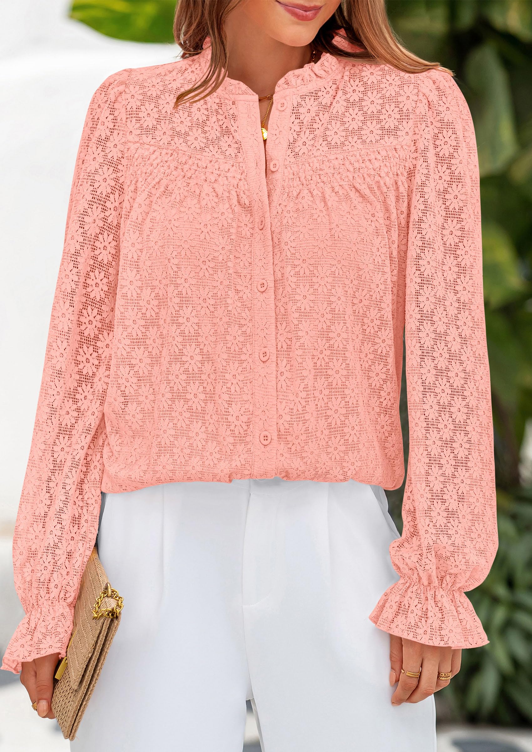 PRETTYGARDEN Lace Long Sleeve Tops for Women Eyelet Blouses Dressy Casual Hollow Out Button Down Shirts Summer Outfits