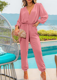 PRETTYGARDEN Women's Fall Jumpsuits Dressy Casual Pants Romper Spring Long Sleeve V Neck Belt Pockets One Piece Outfits