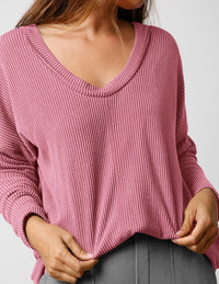 Women's Casual Long Sleeve Going Out Ribbed V Neck Loose Fit Trendy Cute Blouses