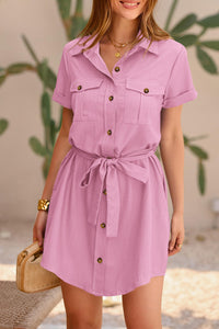 Casual Summer Short Sleeve Button Down V Neck Collared Belted Pocket Dresses