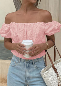 PRETTYGARDEN Women's Summer Off The Shoulder Tops Dressy Casual Puff Short Sleeve Embroidered Eyelet Cute Blouse Shirts PRETTYGARDEN