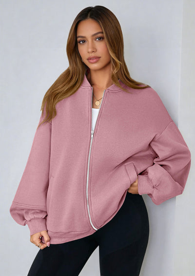 KIRUNDO Oversized Sweatshirt for Women Zip Up Bomber Jacket Fall Fashion Casual Long Sleeve Outerwear Winter Outfits