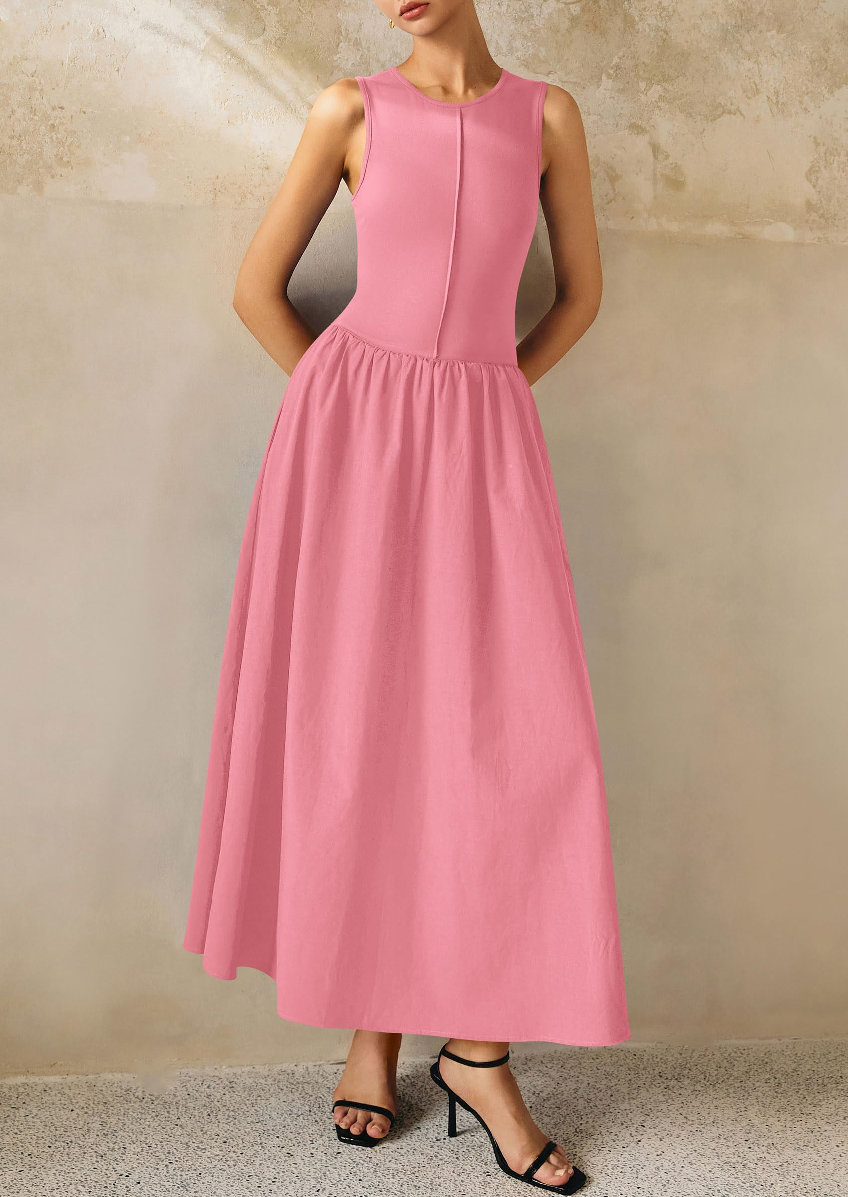 PRETTYGARDEN Women Maxi Dresses Casual Sleeveless Patchwork Knit Tank Dress Flowy Beach Sundress Long Dress