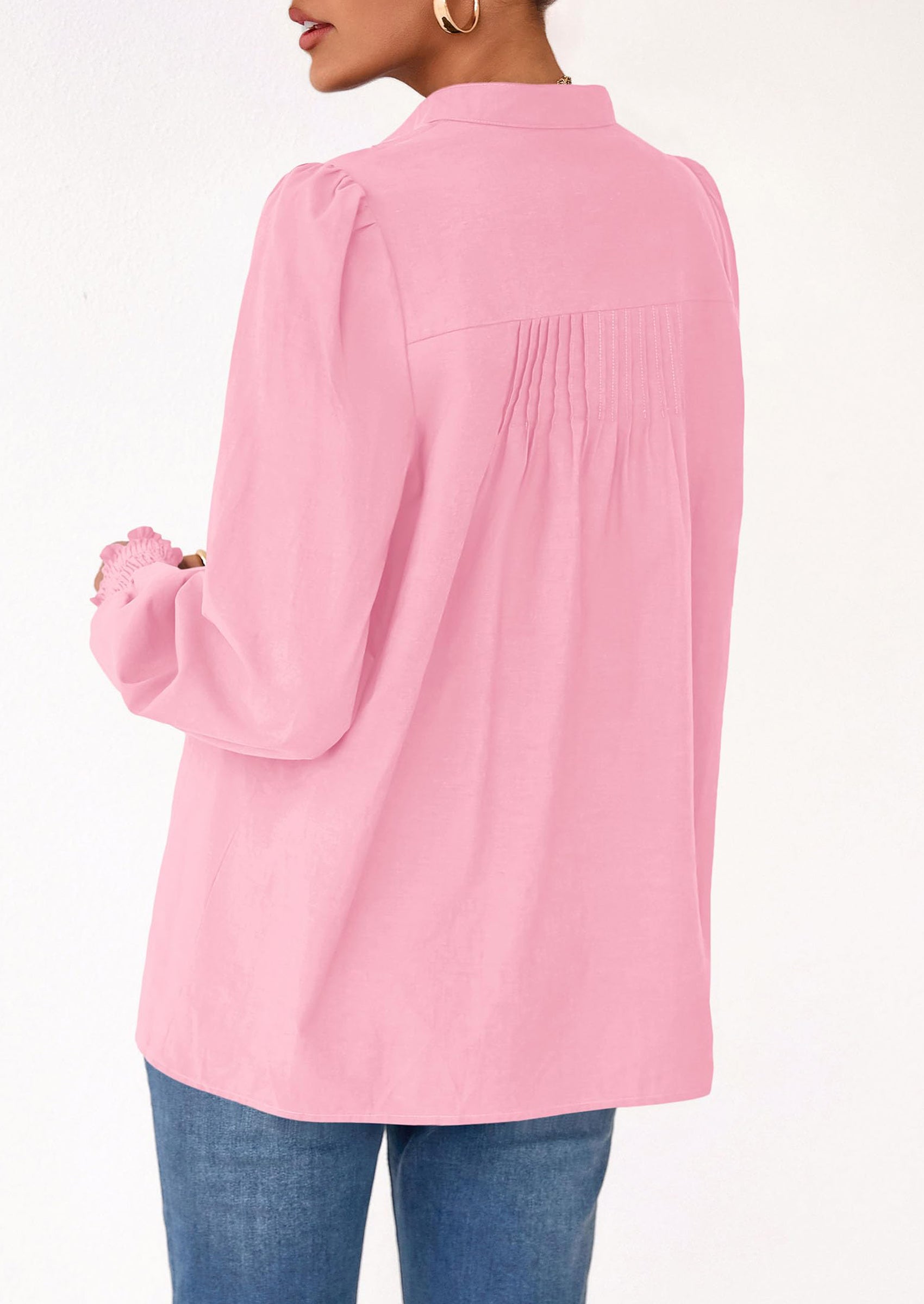 PRETTYGARDEN Womens Fall Lantern Long Sleeve Shirts Trendy Button V Neck Pleated Henley Tops Loose Work Blouses