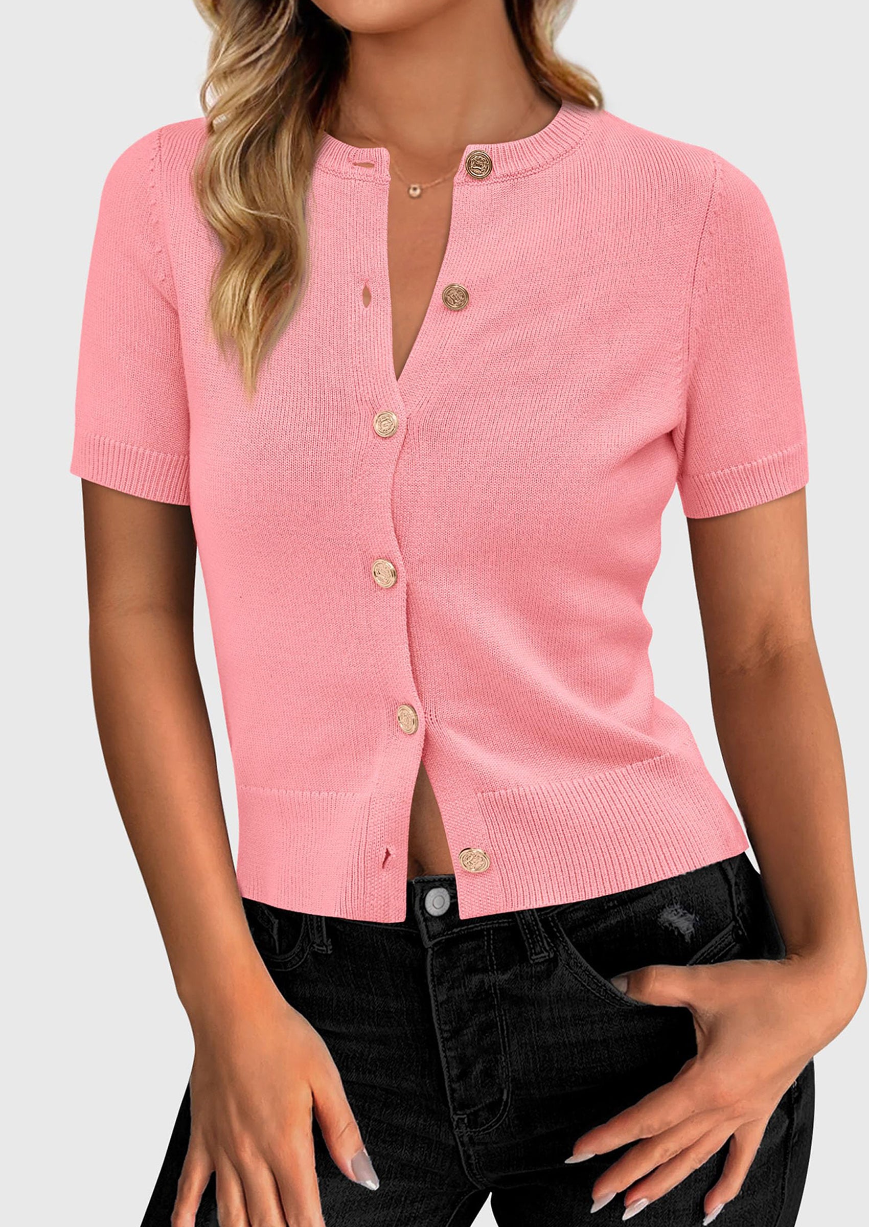 PRETTYGARDEN Womens Casual Summer Short Sleeve Cardigans Button Down Knitted Sweater Basic Crew Neck Crop Tops