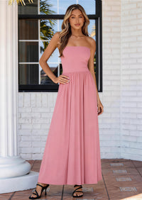 PRETTYGARDEN Women Summer Elegant Strapless Maxi Dress Tube Top Dress A Line Flowy Long Wedding Party Cocktail Dresses