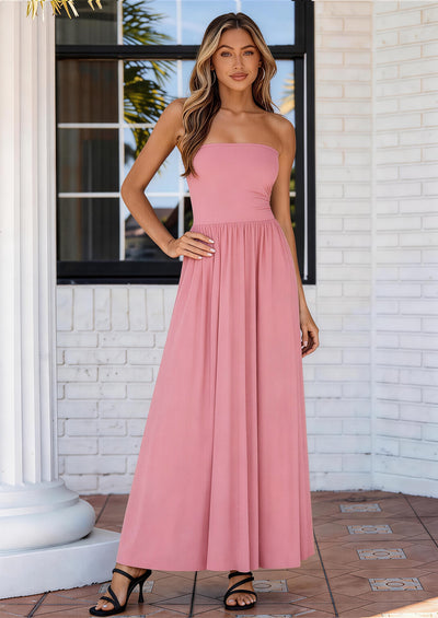 PRETTYGARDEN Women Summer Elegant Strapless Maxi Dress Tube Top Dress A Line Flowy Long Wedding Party Cocktail Dresses