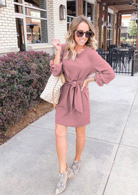 PRETTYGARDEN Womens Fall Elegant Long Lantern Sleeve Short Dress Wedding Guest Crewneck Tie Waist Knit Cocktail Dresses PRETTYGARDEN