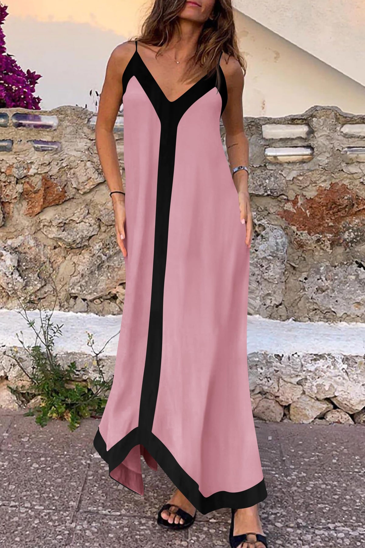 Elegant V Neck Spaghetti Strap Flowy Maxi Cocktail Party Dresses